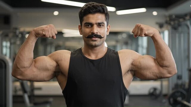 Muscular man with mustache posing biceps flex in modern fitness center