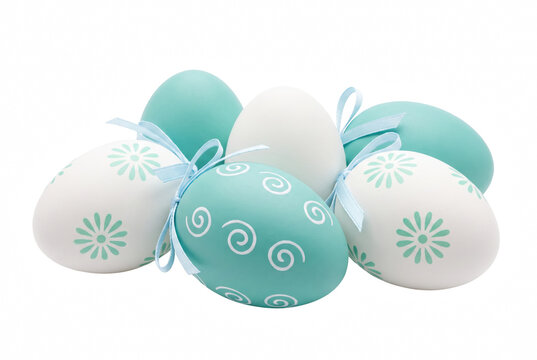 Group of Decorative Teal and White Easter Eggs with Floral and Swirl Patterns
