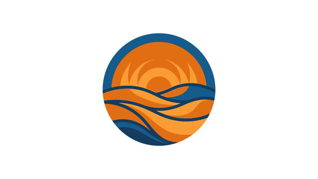 Round desert landscape logo featuring sand dunes and sunset.