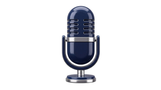 Vintage blue microphone with silver accents on white on png isolated background