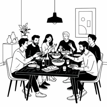 Joyful friends enjoying a shared meal at home, a warm social gathering vector icon illustrating togetherness and community spirit