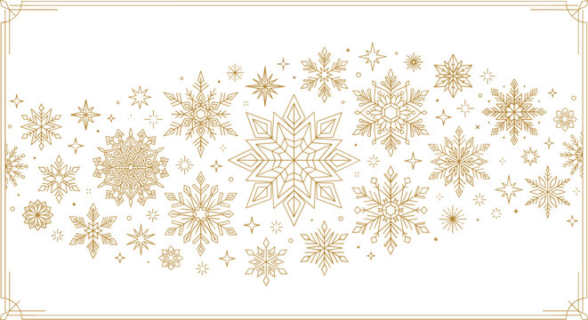 Elegant gold snowflake border frame background template with luxury line art stars for winter holiday design