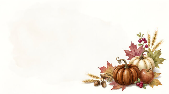 A festive thanksgiving border featuring watercolor pumpkins autumn leaves and seasonal berries isolated on a clean white background for design