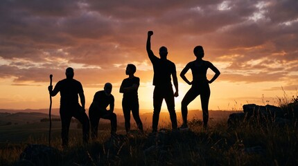 Fototapeta premium Diverse group of people silhouetted against a dramatic sunset on a hilltop celebrating success and teamwork