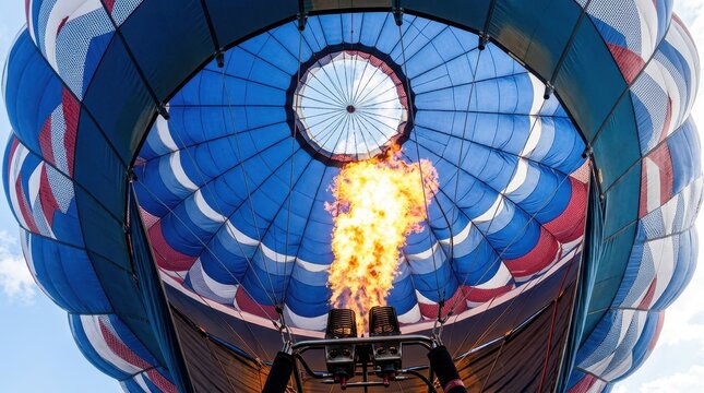 Close-up Interior View of a Hot Air Balloon Envelope with Bright Orange Fire Flame from Burner