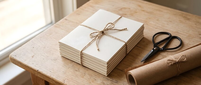 Blank white book stack tied with twine on wooden table with scissors