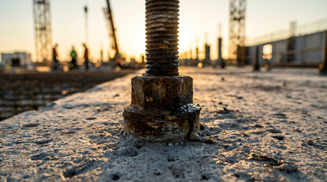 Steel anchor bolt in concrete foundation | Industrial construction site at sunset | Heavy duty threaded rod for structural support | Civil engineering and infrastructure development