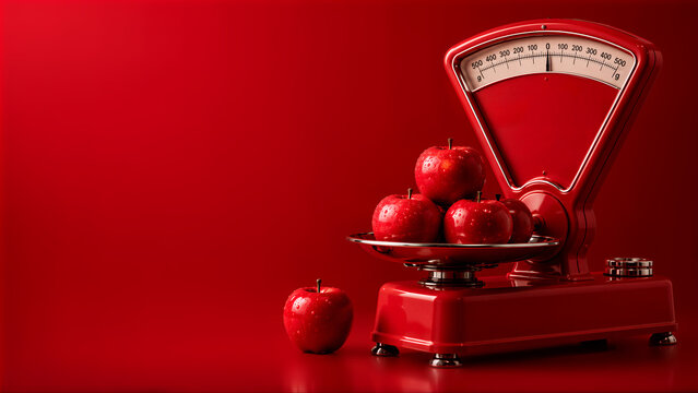 AI generated image of a horizontal composition featuring red apples on a vintage mechanical kitchen scale on a vibrant red background