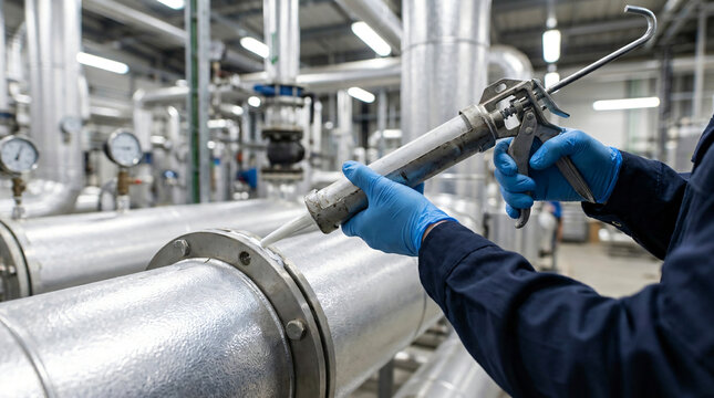 Industrial maintenance technician applying sealant to pipe flange | Worker using caulking gun on metal pipeline joint | Professional plumbing repair in factory setting | Sealing industrial pipe 