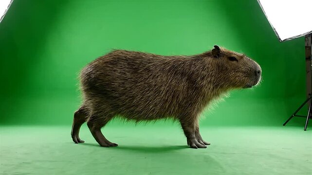 Capybara Walking Slowly Across a Green Screen Studio Background, Transitioning From Left to Right. 4k Footage of a Rodent Animal.