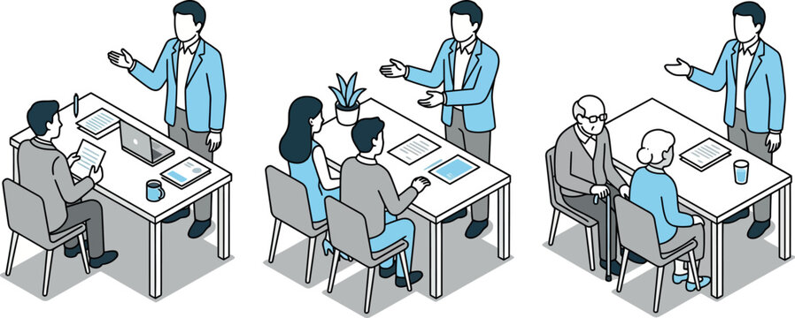 Isometric business consultation vector set, professional advisor meeting with clients, financial planning and legal advice scenes