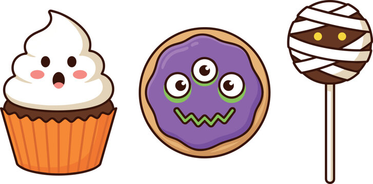 Cute Halloween sweets and spooky treats set flat vector illustration featuring ghost cupcake monster cookie and mummy lollipop
