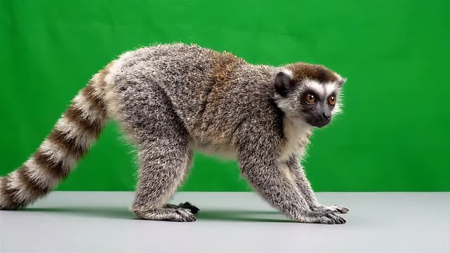 Ring-Tailed Lemur Walking and Foraging on a Green Screen Background, Showcasing a Natural Animal Motion Loop. with Motion Graphics