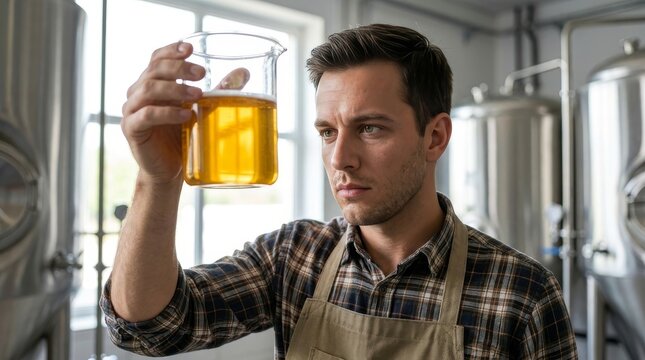 Male craft brewer inspecting beer sample clarity in brewery