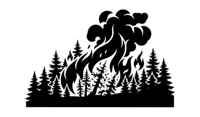 Fototapeta premium Wildfire Flames and Forest Trees Vector Silhouette Symbol for Disaster Awareness