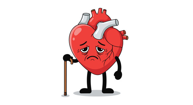 Cartoon illustration of a sad, elderly, and sick human heart character holding a wooden walking cane on white background.