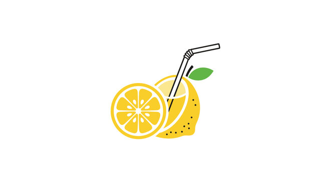 Fresh lemon juice vector illustration featuring a sliced lemon and a whole lemon fruit with a drinking straw.