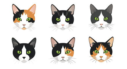 Fototapeta premium Collection of cute cat face portraits with different fur colors and green eyes is isolated on a white background.
