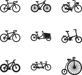 Bicycle silhouette vector icon set featuring mountain, cargo, road and vintage bikes for cycling, sport and outdoor art. © MOSTSHAMIMA