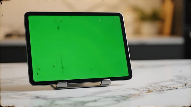 Tablet Screen with Green Chroma Key Looping Animation on a Marble Surface. Seamless Looping Footage for Visual Effects.
