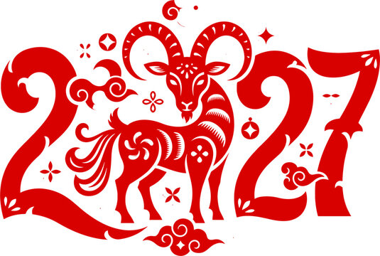 Red paper cut goat symbol of 2027 Chinese New Year of the goat, lunar year design