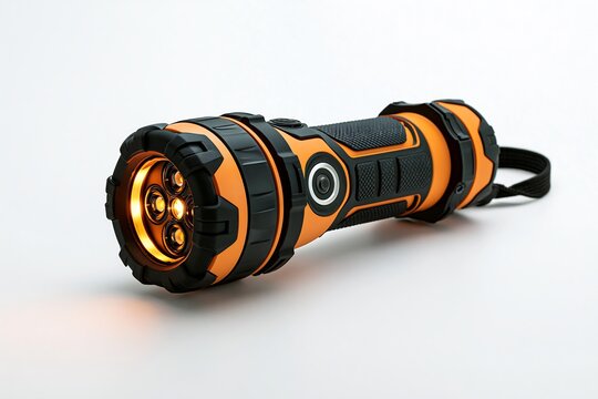 Orange and black tactical flashlight with multiple leds
