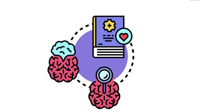 Connecting brains with a conceptual book exploring ideas, learning, and emotional intelligence, representing mental development through training and exercises