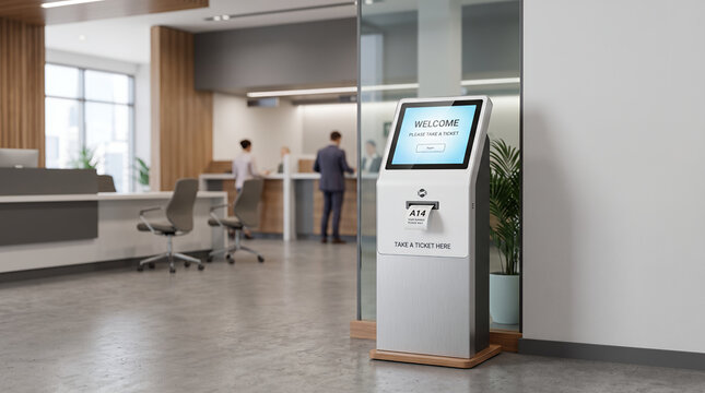 Bank queue number ticket dispenser kiosk, customer service waiting line and branch management