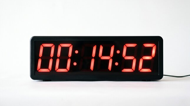 Modern digital clock displaying time 00 14 52 in bright red LED numbers on a white background