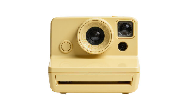 Pastel yellow instant camera with large lens and flash, isolated on transparent background