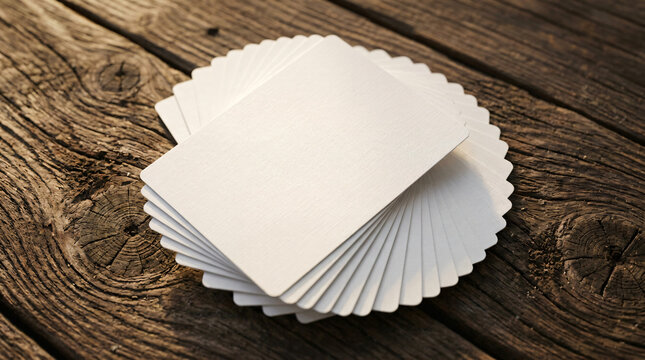 blank white playing cards mock up | fanned out deck of cards on rustic wood | empty business card stack template | card game design prototype mockup | minimalist white card deck on table