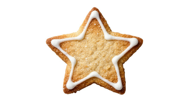 Golden star-shaped cookie with white icing decoration, isolated on transparent background