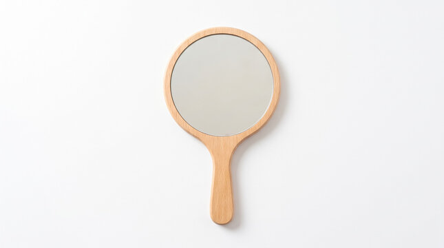 Hand mirror with round glass and light wooden frame, an object for beauty, reflection, and self care