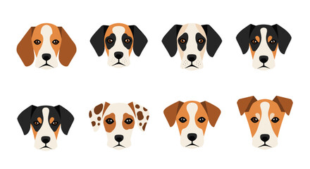 Fototapeta premium Collection of cute dog portraits showing different beagle and terrier breeds in a flat vector design on a white background.