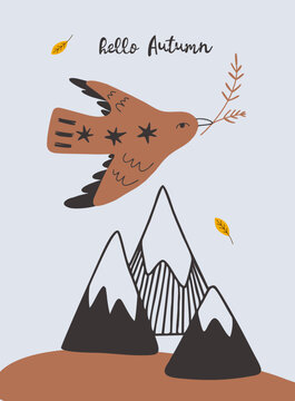 Hello Autumn Bird Flying Over Mountains Illustration