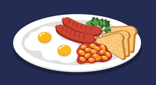 Traditional English breakfast served on a white plate with fried eggs, sausages, baked beans, and toasted bread over a dark blue background.