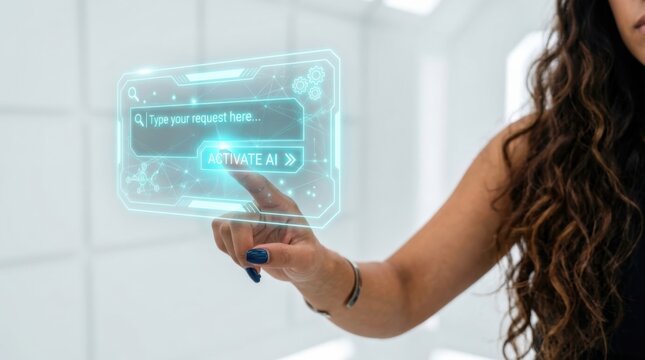 Woman touching a futuristic holographic interface panel in a room. Interactive digital technology and modern user experience. AI automation, chatbot, digital assistant ai automation chatbot.