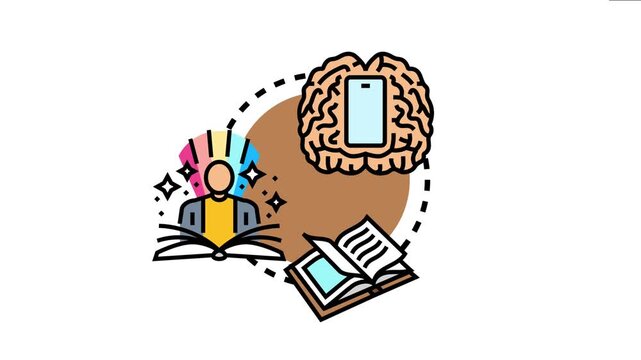 Mindscape showing a brain with a smartphone, an inspired person reading a book, and an open book, symbolizing modern learning, personal growth, and comprehensive understanding