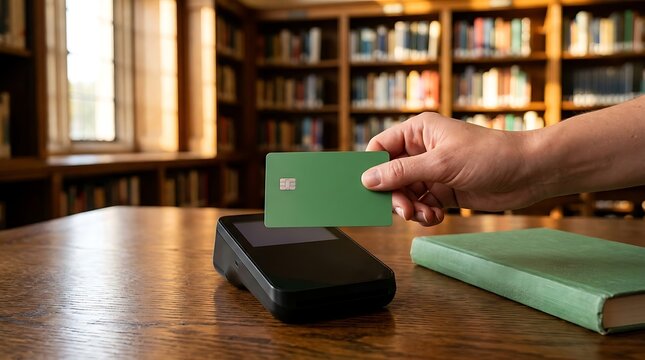 Person's hand holding green card for contactless payment at terminal in library with bookshelves.