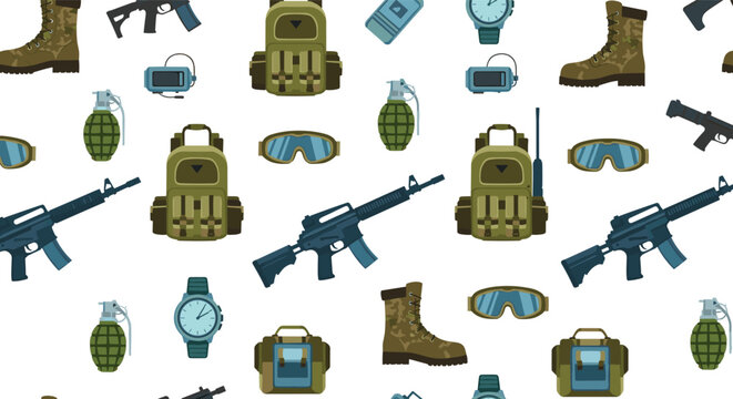 Seamless pattern of military tactical gear and combat equipment featuring rifles, backpacks, hand grenades, and boots on white.