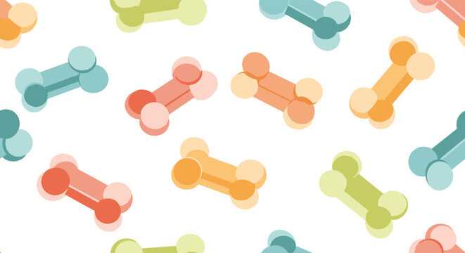 Cute seamless pattern of colorful dog bone shapes scattered over a clean white background, perfect for pet products.