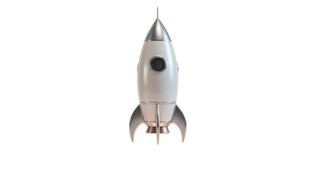 Retro white and silver rocket ship with round window, isolated on transparent background
