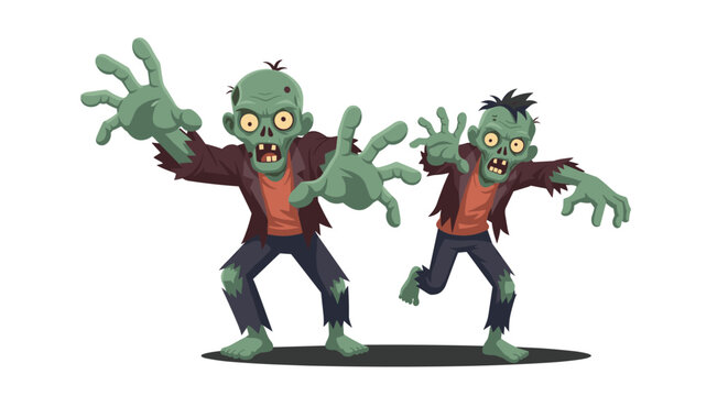 Scary cartoon illustration of two green skinned zombies with yellow eyes and tattered clothes reaching forward.