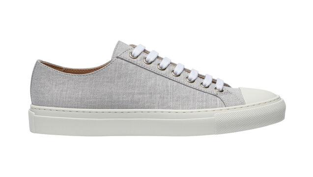 Light grey textured canvas low-top sneakers with white laces and soles, isolated on transparent background