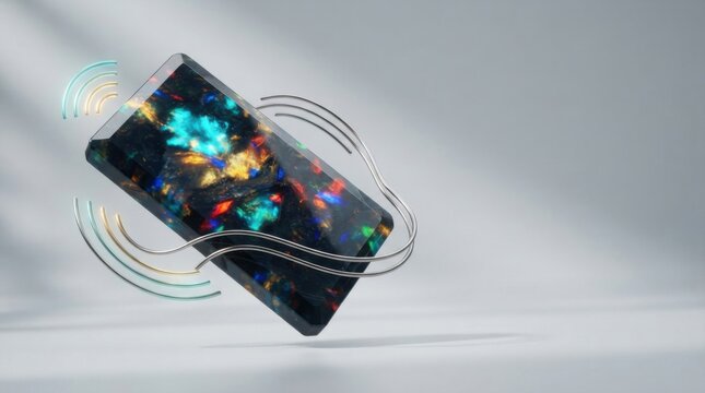 Modern smartphone with colorful abstract screen and signal waves effect