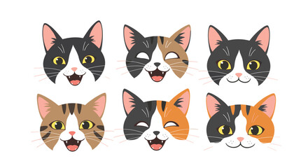 Fototapeta premium Six colorful cartoon cat face masks showcasing different cheerful and funny facial expressions on a white background.