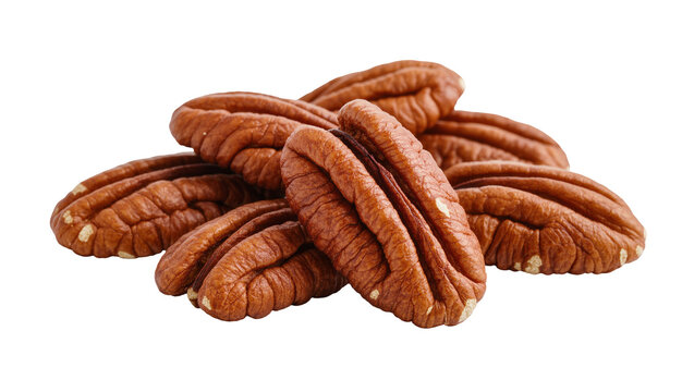 Pile of brown pecan halves, isolated on transparent background