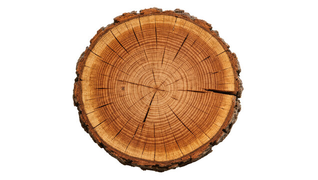 Round wood log cross-section with visible growth rings and bark, isolated on transparent background