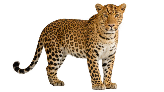 Leopard with spotted fur standing, isolated on transparent background