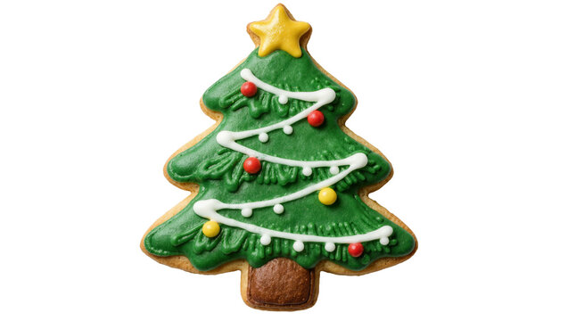 Festive green Christmas tree cookie with yellow star and red yellow ornaments, isolated on transparent background